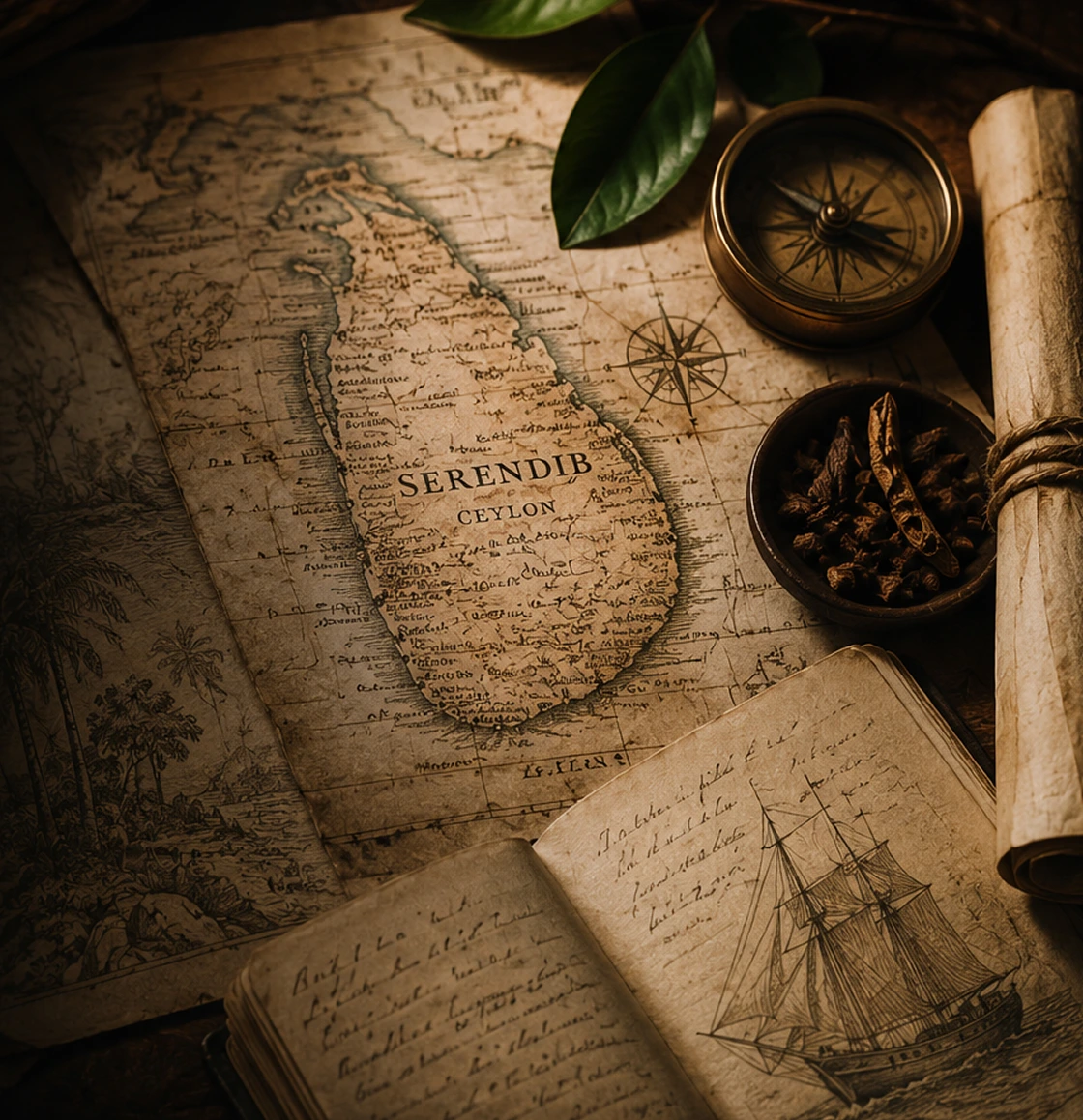 Ancient map of Serendib Ceylon with spices